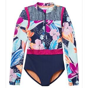 Athleta Girl Paradise Splash One Piece Floral Long Sleeve Swimsuit XL Navy LS